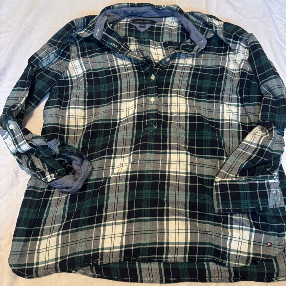 Tommy Hilfiger women’s blue and Green Plaid Shirt